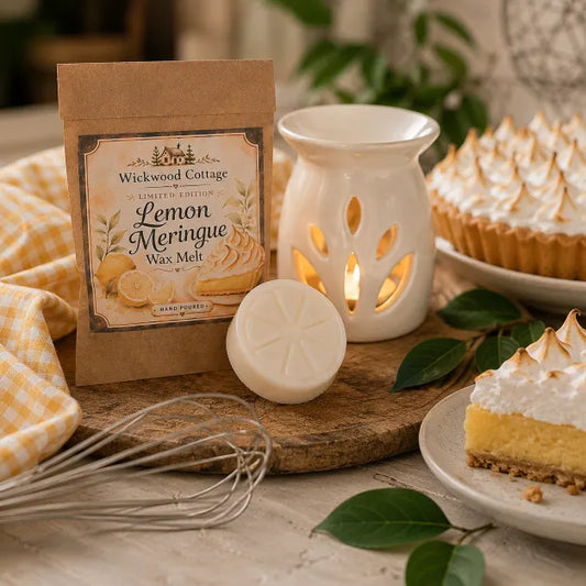Hand poured Wickwood Cottage Lemon Meringue Wax Melt beside a ceramic wax burner and lemon meringue pie in a cosy cottage kitchen setting.