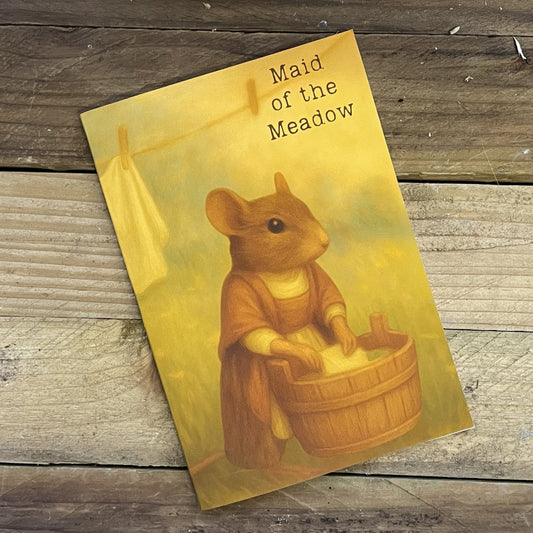 Book cover of 'Maid of the Meadow' with a mouse character holding a basket on a wooden surface.