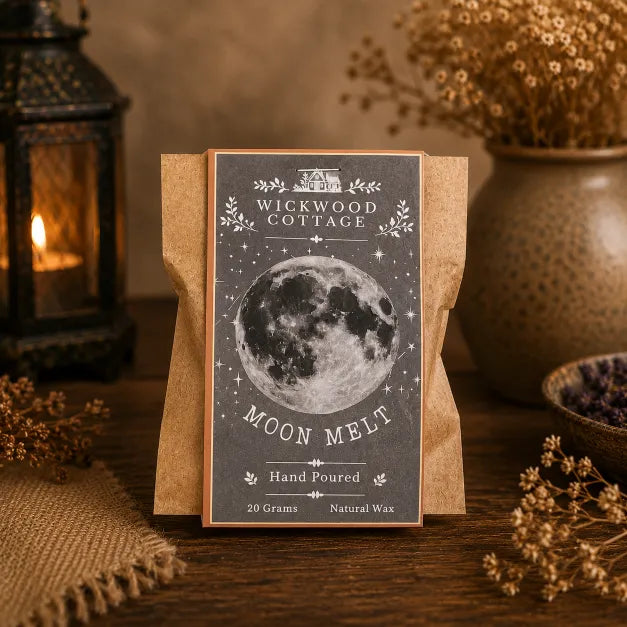 A kraft paper pouch displaying a Moon Melt hand-poured wax melt standing on a rustic wooden table. The front label features a detailed black-and-white moon illustration on a dark grey background.