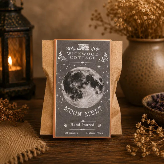 A kraft paper pouch displaying a Moon Melt hand-poured wax melt standing on a rustic wooden table. The front label features a detailed black-and-white moon illustration on a dark grey background.