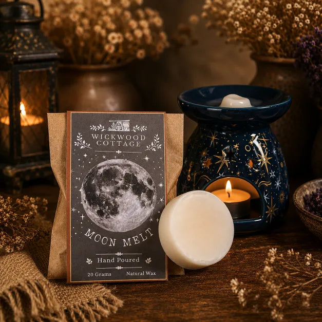 A packaged wax melt and a round unwrapped wax melt are displayed on a rustic wooden surface with dried flowers and candles. The package reads 'Wickwood Cottage Moon Melt' and shows a moon illustration.