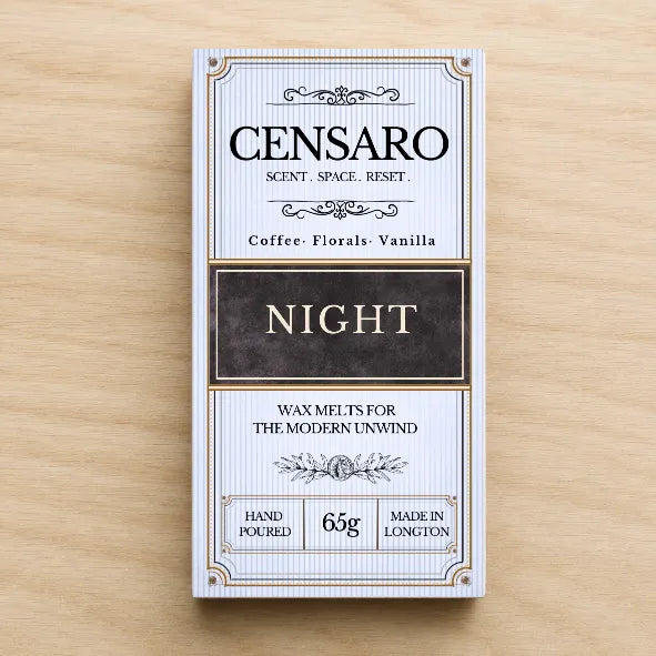 Censaro wax melt packaging on a wooden surface