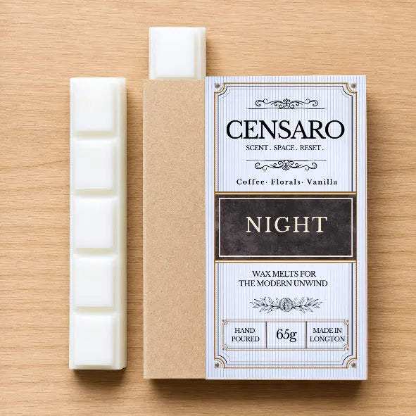 Censaro wax melts packaging with two melts on a wooden surface