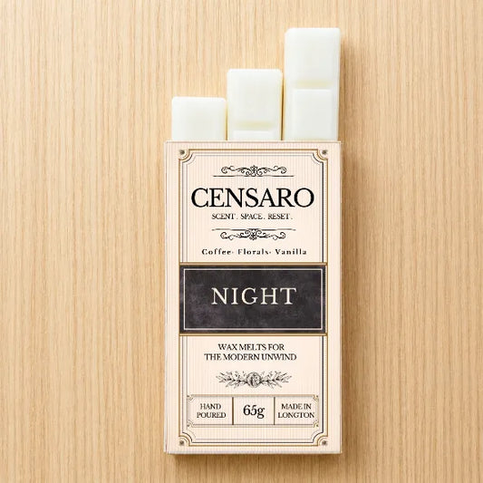 Censaro wax melts packaging with three melts on a wooden surface