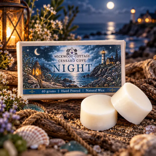 Wickwood Cottage Night wax melts from the Censaro Cove collection, featuring a beautifully illustrated 40g package alongside two chunky ivory natural wax melts, surrounded by seashells, driftwood, coastal flowers and a glowing lantern on a rustic wooden surface, with moonlight shimmering across the sea and a distant lighthouse illuminating the rocky shoreline.