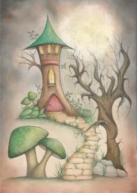 Fantasy illustration of a small house with a stone pathway leading to the front door with a green roof, surrounded by trees and mushrooms.