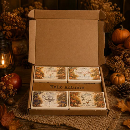 “Wickwood Cottage The Harvest autumn wax melt gift box containing Pumpkin Spice, Peach Glow, Damson Delights and Spiced Pippin, styled with rustic harvest décor.”