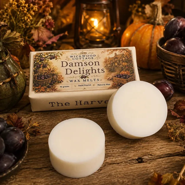“Wickwood Cottage Damson Delights wax melts with two white wax discs, styled with damsons, pumpkins and cosy autumn harvest décor.”