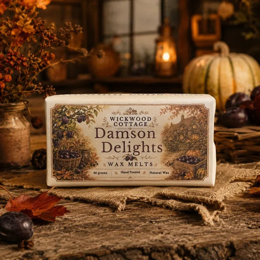 “Wickwood Cottage Damson Delights wax melts in rustic autumn cottage setting with damsons, pumpkins and warm harvest décor.”