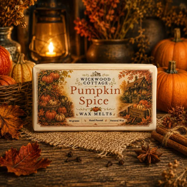 “Wickwood Cottage Pumpkin Spice wax melts in a rustic autumn cottage setting with pumpkins, dried flowers, autumn leaves and warm lantern light.”