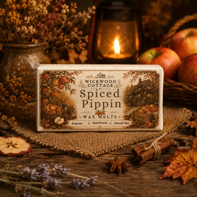“Wickwood Cottage Spiced Pippin wax melts in a rustic autumn cottage setting with apples, dried flowers, cinnamon and warm lantern light.”