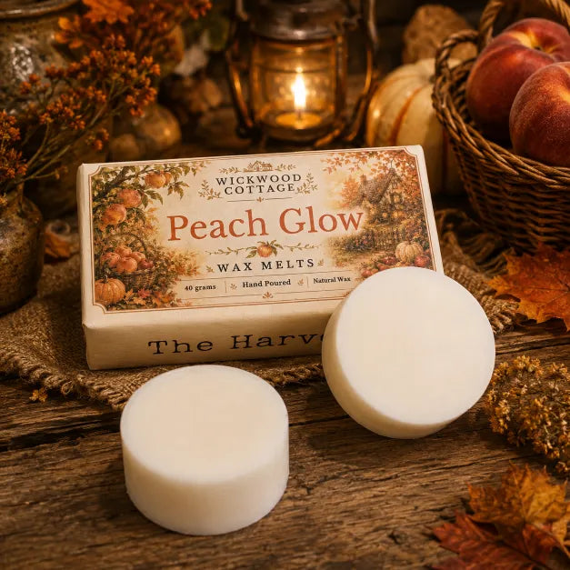 “Wickwood Cottage Peach Glow wax melts with two white wax discs, styled with peaches, pumpkins, autumn foliage and warm cottage lantern light.”
