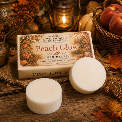 “Wickwood Cottage Peach Glow wax melts with two white wax discs, styled with peaches, pumpkins, autumn foliage and warm cottage lantern light.”