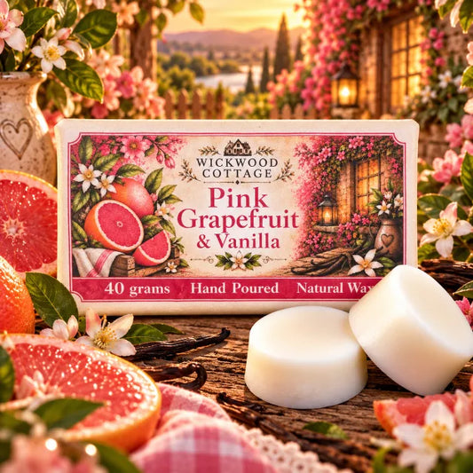 Wickwood Cottage Pink Grapefruit & Vanilla wax melts, featuring a beautifully illustrated 40g package alongside two chunky ivory natural wax melts, surrounded by juicy pink grapefruit slices, vanilla pods, delicate blossoms and lush greenery on a rustic wooden table, with a warmly glowing, flower-filled cottage garden in the background.