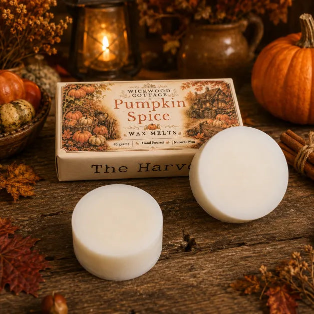 “Wickwood Cottage Pumpkin Spice wax melts with two white wax discs, styled with pumpkins, autumn foliage, cinnamon and warm cottage lantern light.”