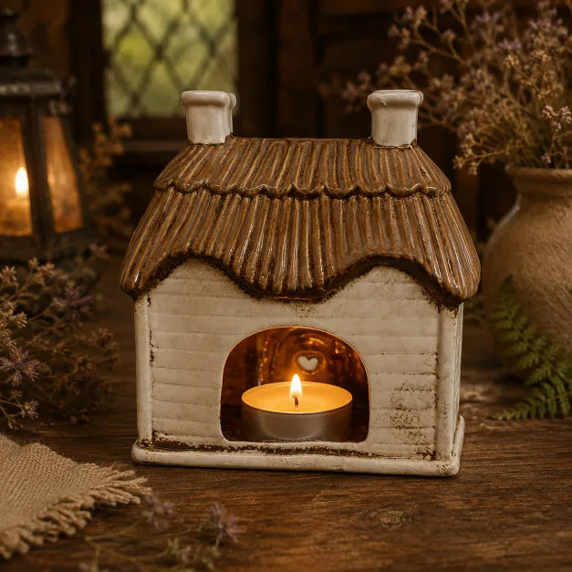 A small cottage-shaped tea light holder with a textured brown thatched roof and cream-colored walls, shown lit with a candle inside on a rustic wooden surface.