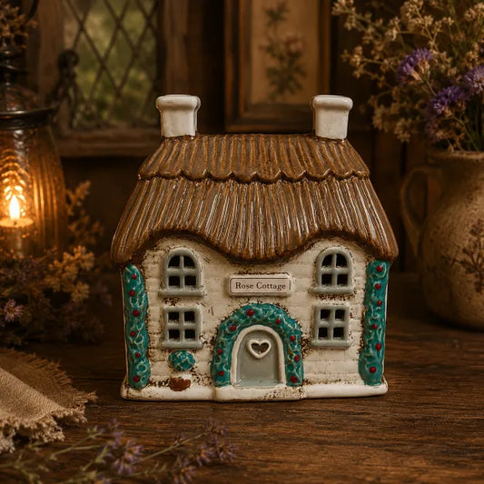 A decorative ceramic cottage-shaped container labeled 'Rose Cottage' sits on a rustic wooden surface. The house has a brown textured thatched roof, cream-colored walls, teal vine accents, and a small heart-shaped window on the door.
