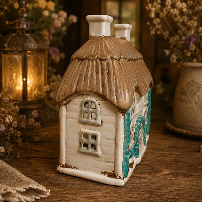 A small ceramic cottage-shaped tea light holder with a brown thatched roof, white walls, and turquoise side detailing, displayed on a wooden surface with warm blurred background decor.