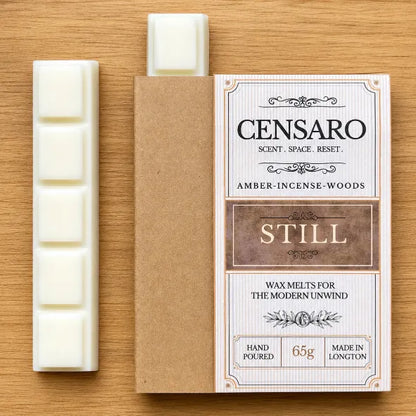 Censaro wax melts packaging with 2 melts on a wooden surface