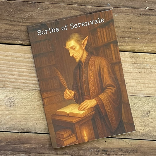 Book cover of 'Scribe of Serenvale' with an elf character writing on a wooden surface.