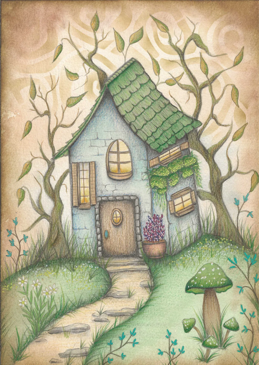 A whimsical illustrated cottage scene with a stone house, green shingled roof, winding path, trees, flowers, and mushrooms on a textured beige background.