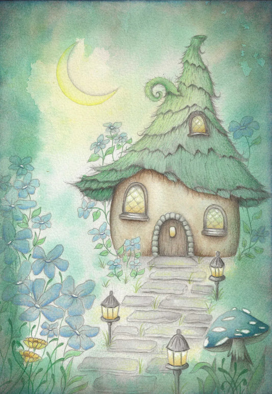 A whimsical painted scene of a small fairy house with a thatched green roof, stone steps, glowing windows, flowers, mushrooms, and a crescent moon in a soft pastel sky.