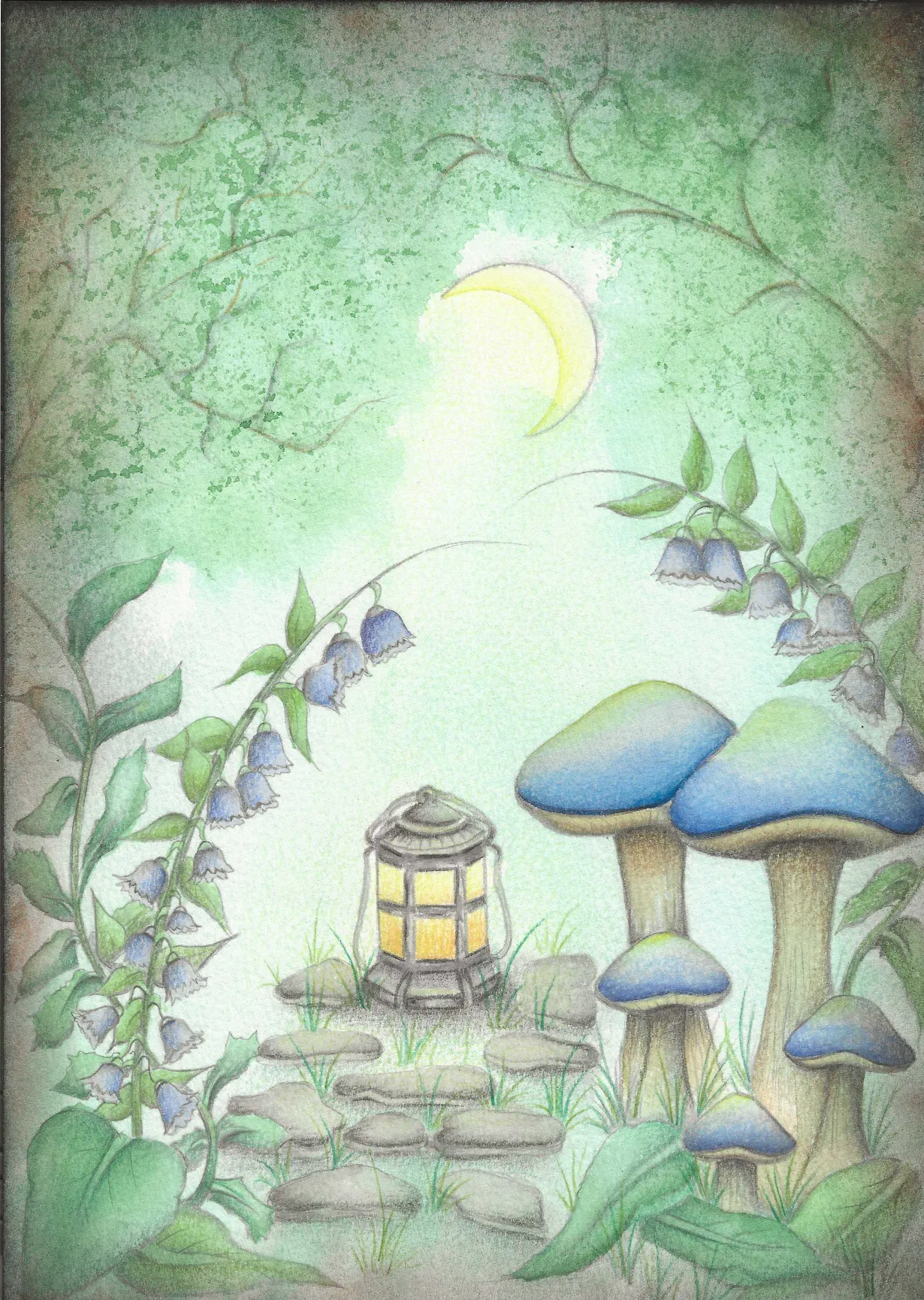 A whimsical illustrated scene with blue-capped mushrooms, hanging bellflowers, a small glowing lantern, a stone path, and a crescent moon in a soft green forest-like setting.