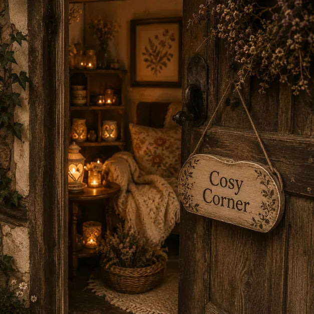 A rustic wooden hanging sign with the words 'Cosy Corner' and small leaf illustrations, attached to a weathered door in a cozy, warmly lit room with candles, shelves, and a knitted blanket.