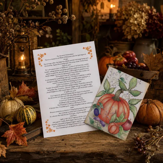 Two autumn-themed printed cards displayed on a rustic wooden surface with candles, dried leaves, pumpkins, and fall decor in the background. One card shows a poem with orange floral corner accents, and the other features a watercolor-style illustration of a pumpkin, leaves, and small berries.