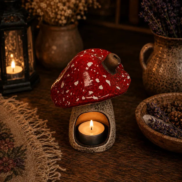 A red mushroom-shaped candle holder with white speckles and a small burning tea light inside, styled on a wooden surface with dried flowers, a lantern, and a bowl in a cozy indoor setting.