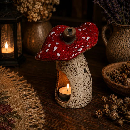 A decorative mushroom-shaped candle holder with a glossy red cap speckled with white spots and a speckled beige body, lit with a small tea light candle inside, set on a dark wooden table with rustic dried flowers and lanterns in the background.