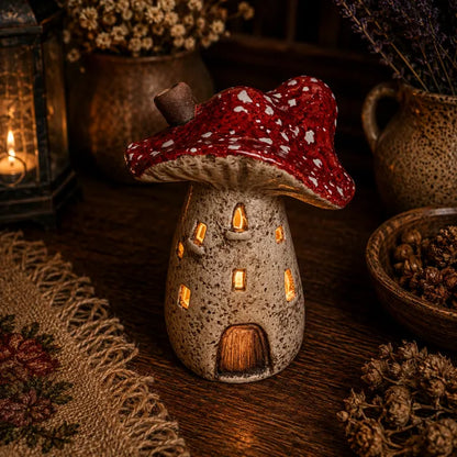 A ceramic fairy house shaped like a mushroom with a red cap, white spots, and a speckled beige body, lit from within on a rustic wooden table with dried flowers and a lantern in the background.