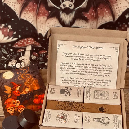 Trick or Treat wax melt gift box displaying four wax melts with spooky designs and different scent names. With a post card and story titled 'The Night of Four Spells' on a mystical-themed background.