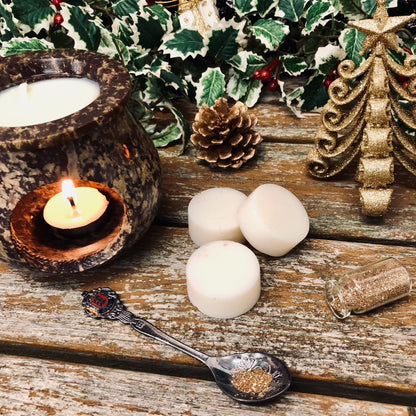 An enchanted image showing three white wax melt discs, to the left is a rustic wax burner with a glowing candle full of melting wax. In the background is a bed of holly and to the right of the wax melts is a gold Christmas tree decoration. In the foreground is a decorative spoon full of glitter all sitting on a rustic wooden surface.