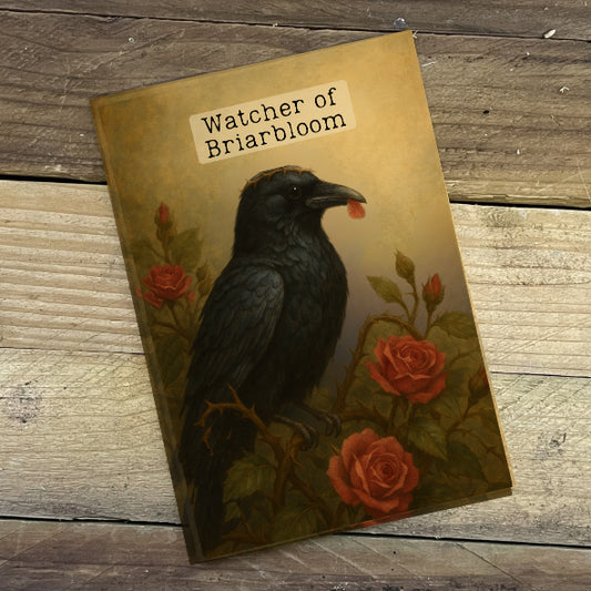 Book cover with a crow and roses on a wooden surface