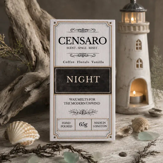 A wax melt scented product labeled CENSARO Night, stands on a rustic surface with shells, driftwood, and a lit lighthouse in the background. The package is cream and black with decorative text.