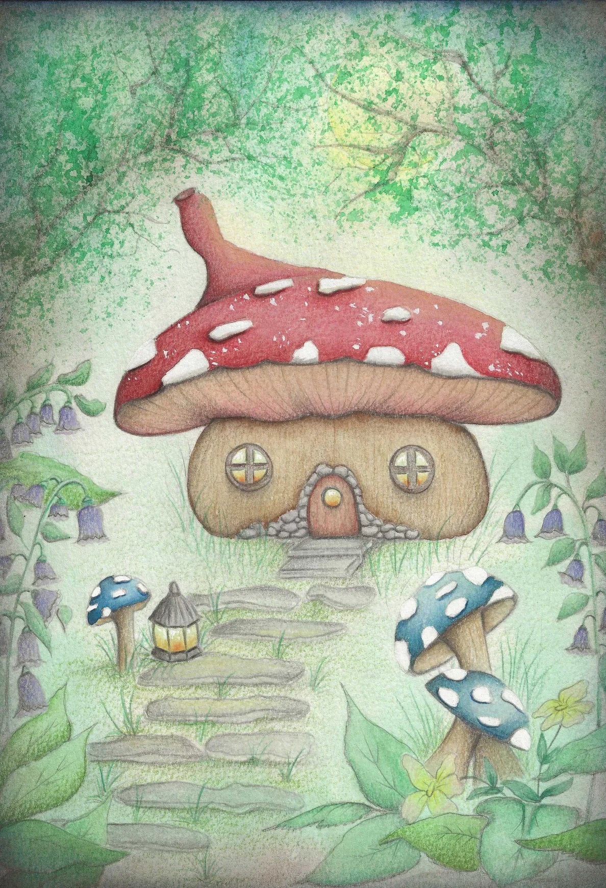 A whimsical illustrated mushroom house with a red cap, tan gills, and a stone path leading to the door, surrounded by green foliage and smaller blue-and-white mushrooms.