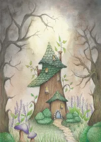 A whimsical watercolor-style illustration of a small treehouse with a green shingled roof and blue door, surrounded by bare trees, a winding path, purple flowers, and mushrooms in a soft pastel forest scene.