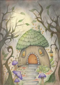 A Whimsical tree house water colour illustration surrounded by trees with a stone path and purple capped mushrooms. 