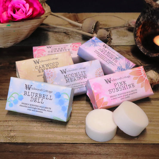 Wax melt bundle front view, a collection of wax melts with various packaging, each labeled with different scents like Bluebell Dell, Damson Delights, Moonlit Meadow, Oakwood Embers, Pink Sunshine, and Sweet Serenity, displayed on a wooden surface with a basket and wax warmer in the background and a sample of what's inside, two wax melt discs in the foreground.