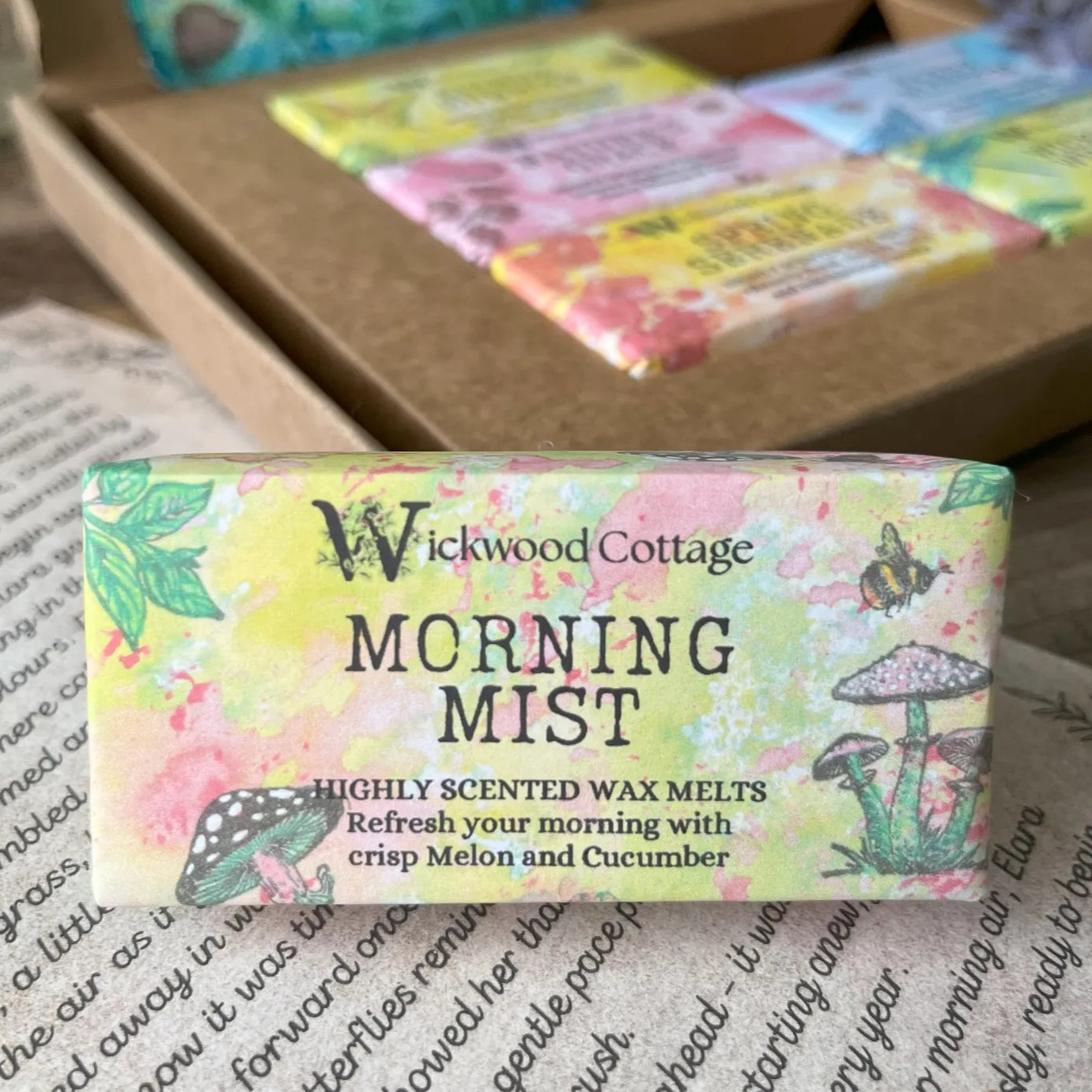 A rectangle paper package of 'Morning Mist' wax melts by Wickwood Cottage, featuring highly scented notes of crisp melon and cucumber. The packaging is yellow with a mushroom pattern the product is displayed on the vintage story. In the background is the gift box.