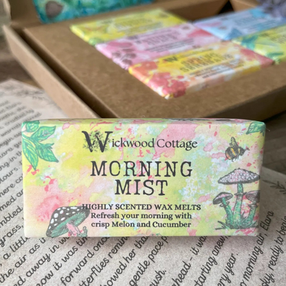 A rectangle paper package of 'Morning Mist' wax melts by Wickwood Cottage, featuring highly scented notes of crisp melon and cucumber. The packaging is yellow with a mushroom pattern the product is displayed on the vintage story. In the background is the gift box.